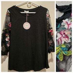 Umgee Top Blouse Black Mesh Floral Embroidered 3/4 Sleeve Size S